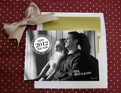 Add a photo, and make it from the family. Happy 2012 Photo Cards, $3.50 each with minimum order of 50, Suite Paperie, suitepaperie.com.
