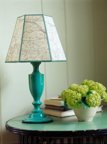 What a clever idea. An old map has been recycled into a lamp shade. (Martha Stewart Living, August 2002) What a clever idea. An old map has been recycled into a lamp shade. (Martha Stewart Living, August 2002)