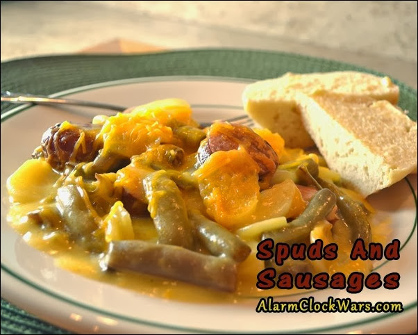 spuds and sausages with bread