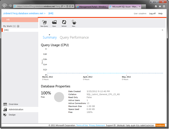 Administration page of Microsoft SQL Azure database management web app