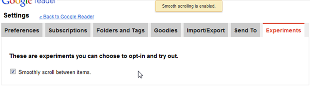 Google Reader Experiments smooth scrolling