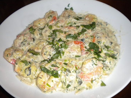 Laurie's finished shrimp in a cilantro cream sauce.
