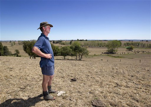 In this photo taken on 11 March 2013, farmer Peter Brown walks on the dry ground at his dairy farm near Ohinewai, New Zealand. A drought in New Zealand's North Island is costing farmers millions of dollars each day and is beginning to take a toll on the country's economy. Photo: Brett Phibbs / New Zealand Herald / AP Photo