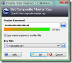 نافذة الدخول الرئيسية لبرنامج حفظ و تشفير كلمات السر KeePass حيث يجب وضع كلمة السر الرئيسية وملف المفتاح لفتح قاعدة البيانات