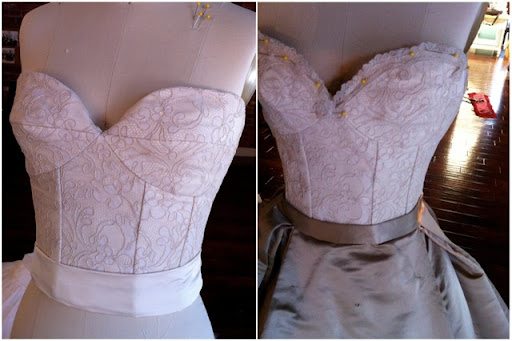 The constructed bodice before and after the lace trim was added.