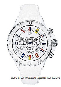 NAUTICA CERAMIC WATCH NST CHRONO SIGNAL FLAG SPORT MODEL 2013 SPRING SUMMER N43508G NAUTICAL TIMEPIECE maritime signal flags hour markers dial signature J-class logo crown 48mm case chronograph water repellent resistant leather