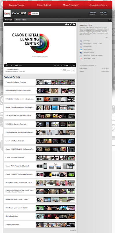 Canon Videos on its YouTube Landing Page