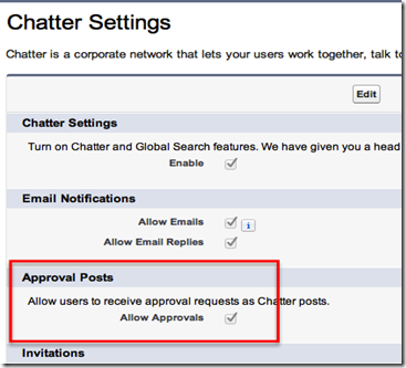Enable Chatter Approvals in Salesforce Setup Screens