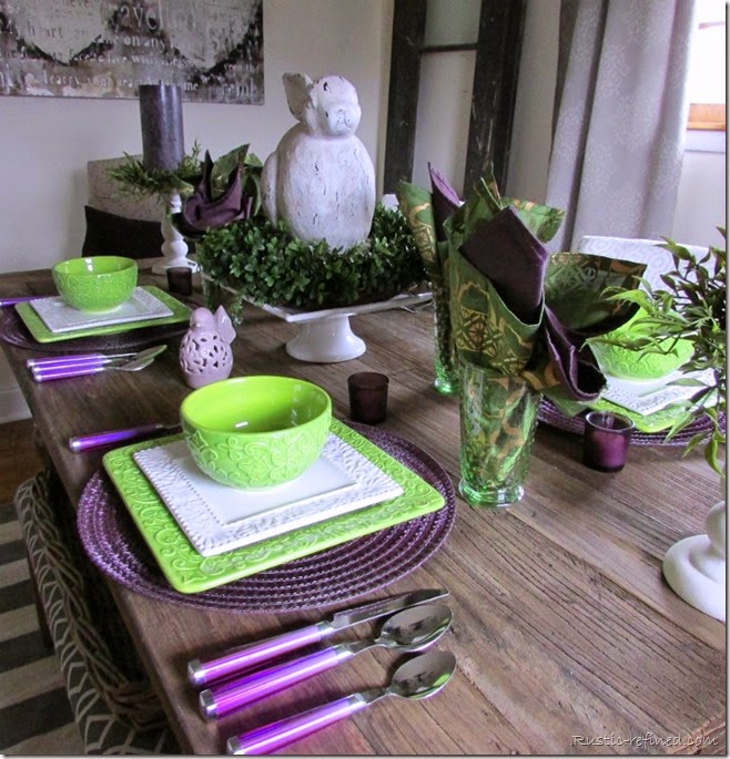 Spring Tablescape with purple, green and white colors. Spring Tablescape with purple, green and white colors.