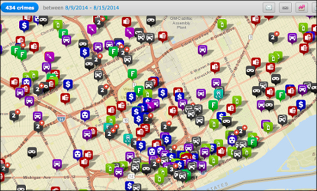 A crime map of Detroit over the week of 9 Aug 2024 - 15 Aug 2014, as tracked by the city's police department. The offenses the department tracks include larceny, vandalism, assault, robbery, vehicle break-ins, and sex crimes. Photo: City of Detroit police department