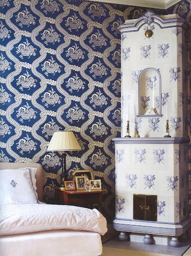 Porcelain dreams: palette of blue and cream takes a bold turn in a Stockholm bedroom.
