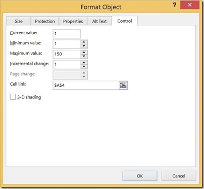 Form Controls in Excel - Spin Button Format Dialogue Box