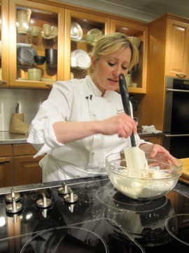 When mixing together wet and dry ingredients, Nancy recommends pushing the dry ingredients from the outside of the bowl inward, creating little rivers. This creates even moisture, while not over-mixing. When mixing together wet and dry ingredients, Nancy recommends pushing the dry ingredients from the outside of the bowl inward, creating little rivers. This creates even moisture, while not over-mixing.