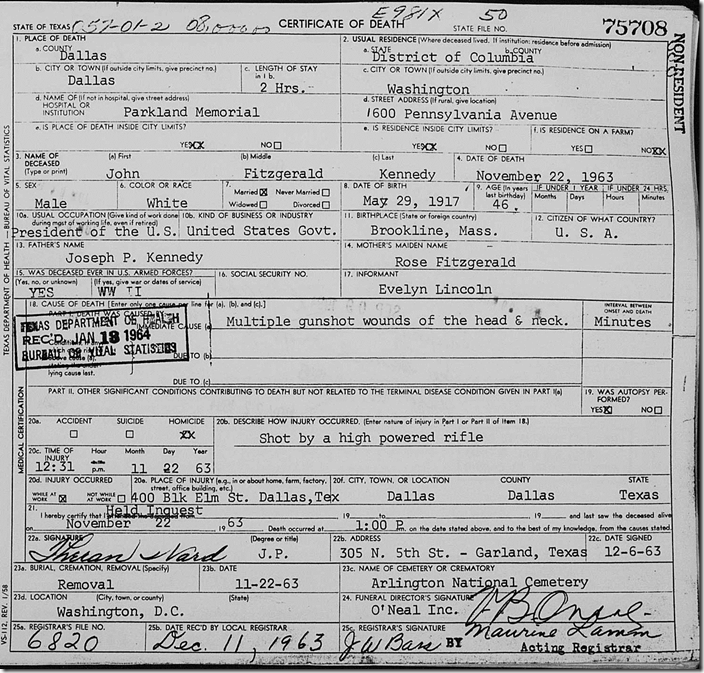 John Fitzgerald Kennedy death certificate