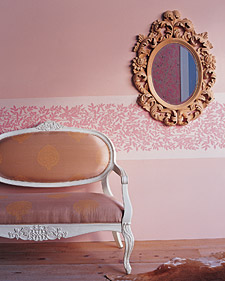 A instant chair rail is created with dramatic floral border paper. (Blueprint Magazine) A instant chair rail is created with dramatic floral border paper. (Blueprint Magazine)