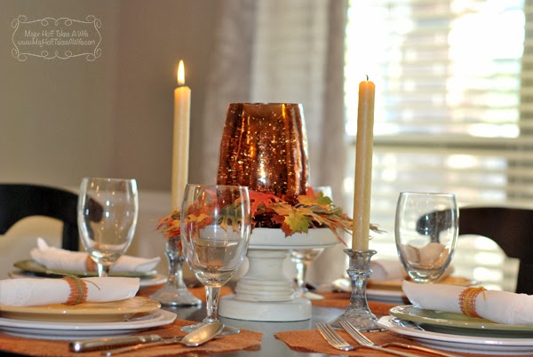 fall centerpiece cake stand leaves candles.jpg Fall centerpiece cake stand leaves candles