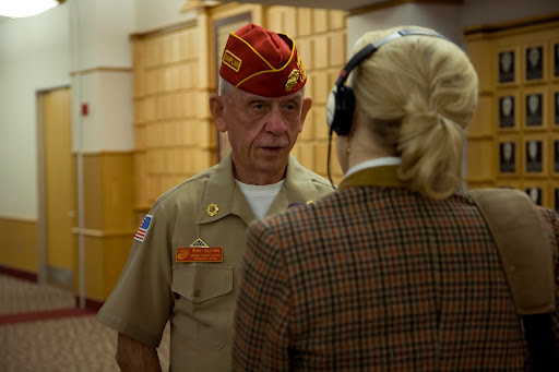 Retired Marine Gunnery Sergeant Ray Glenn of Rogersville shares a few of his memories with KSMU's Jennifer Moore. (Photo credit: Alex Crowder)