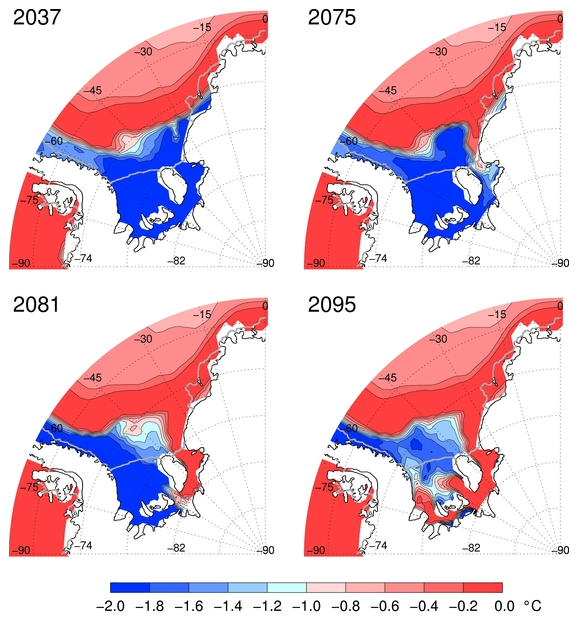 Simulated evolution of near-bottom temperatures in the Weddell Sea. a-d. Values are from 60 m above bottom for the period 2030-2099 of the HadCM3-B/A1B scenario. Warm pulses into the Filchner Trough (2037) are followed by a return of the shelf water masses to the cold state typical for present conditions. The final (unrevoked) destruction of the slope front starts in 2066; by 2095, warm water fills most of the bottom layer of the Filchner-Ronne Ice Shelf cavity, reaching a quasi-steady state. Hellmer, et al., 2012