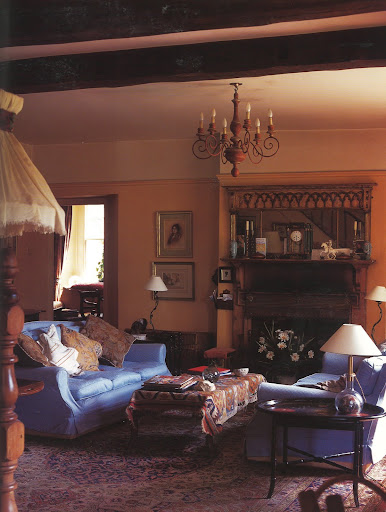 The sitting room includes these two beautiful hyacinth-blue sofas.