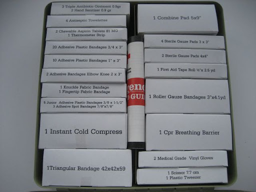 I love how the small white boxes compartmentalize and organize the supplies. A first-aid manual tucks neatly in between them. I love how the small white boxes compartmentalize and organize the supplies. A first-aid manual tucks neatly in between them.