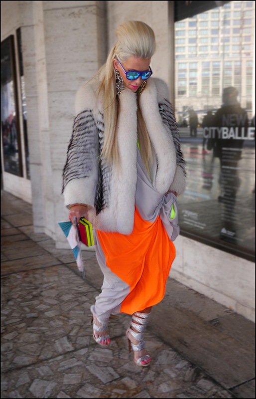 33 w white fur with black accent long light grey acid orange with acid green accent dress silver high heel sandels statment earings mirrored blue aviator sunglasses d ol