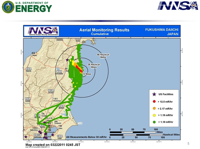 United States Department of Energy Radiological Assessment of the region surrounding the Fukushima Daiichi nuclear plant, 22 March 2011. The U.S. shared these detailed radiation measurements with Japan in the early days of the 2011 Fukushima Daiichi nuclear disaster that the Japanese government did not make public or use in conducting evacuations. NNSA via nytimes.com
