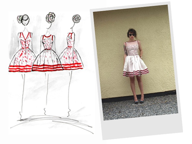 “The Spring Summer collection is based on images of late fifties Summers in American suburbia, Tim Burton-esque with lots of florals edged in candy colour stripes and overlaid with sheer organzas giving a hazy feel. This candy stripe dress is one of my favourites, the neckline taken from original fifties dresses and inspired by children's dresses of the era with the full doll like skirts and white lace socks. The floral linen lining is an original vintage print found on my travels but limits these dresses to only two made making them that little more exciting. I love wearing my full mini dresses dressed down with old cardis and boots, the bodices are really fitted with boning so you feel pretty glam however they are worn”. 