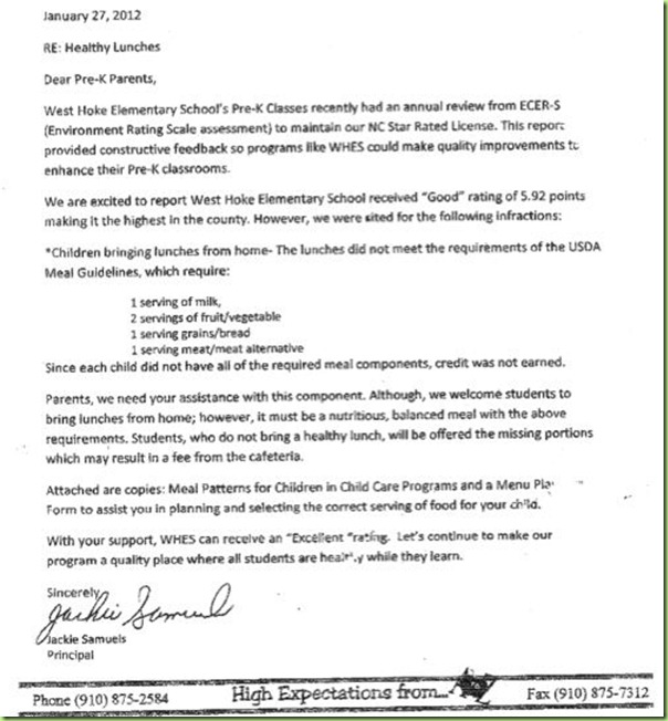 school lunch memo