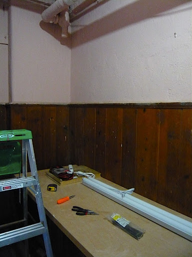 My potting bench is in a store room in the basement of my building. The bench top is an old solid core door attached to cast off kitchen cabinets. The light I use is a 48