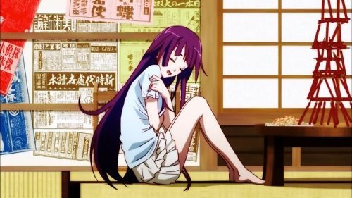 One of the main girls, Hitagi, from the side sitting on tatami mats at a table, holding herself protectively