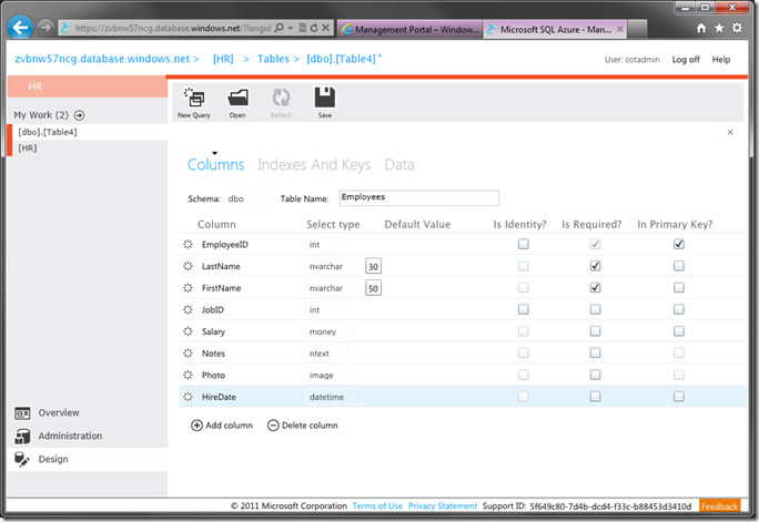 Employees table created in HR database using SQL Azure database management web app