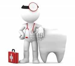 Dentist-with-stethoscope-standing-in-front-of-big-white-tooth-isolated