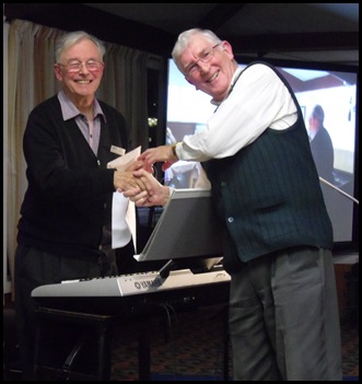 Club President, Gordon Sutherland, making a presentation to our wonderful Guest Artist, Ron Stanwell after his magnificent Concert for us. Photo courtesy of our acting-Secretary, Peter Littlejohn.
