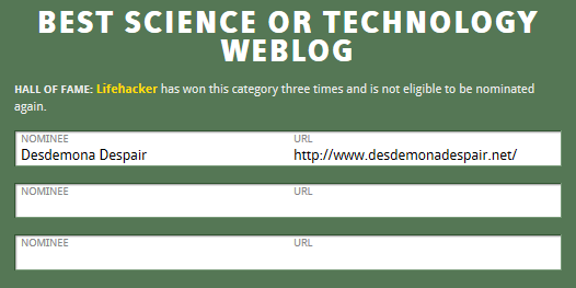 Best Science or Technology Weblog entry form for the 2012 weblog awards