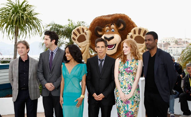 CANNES, FRANCE - MAY 18:  (L-R) Actors Martin Short, David Schwimmer, Jada Pinkett Smith, Ben Stiller, Jessica Chastain and Chris Rock pose at the 'Madagascar 3: Europe's Most Wanted Photocall' during the 65th Annual Cannes Film Festival at Palais des Festivals on May 18, 2012 in Cannes, France.  (Photo by Andreas Rentz/Getty Images) *** Local Caption *** Martin Short;David Schwimmer;Jada Pinkett Smith;Ben Stiller;Jessica Chastain;Chris Rock