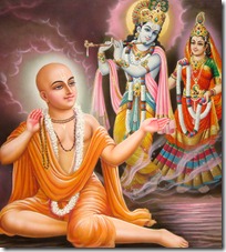 Lord Chaitanya worshiping Radha and Krishna