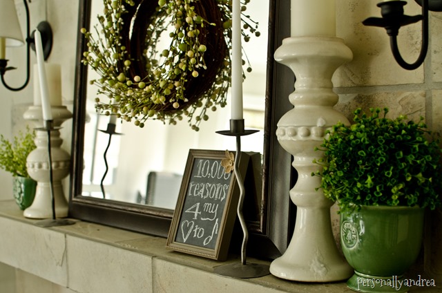 Spring Mantel | distressed frame chalkboard | personallyandrea.com