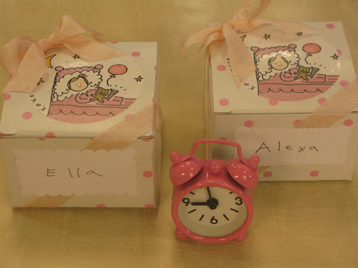 Guests also received mini alarm clocks packaged in custom boxes. ($6.50 per clock, www.presenttime.com)