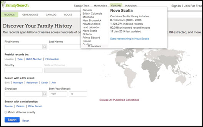 The FamilySearch historical records search page, mid-September