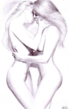 Girls kissing pencil drawing - Doua fete sarutandu-se desen in creion