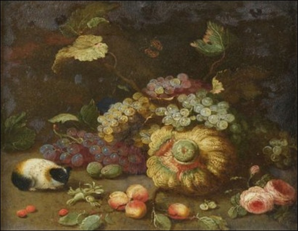 Atelier de Jan Van Bessel, Nature morte aux raisins, citrouillle et hamster Atelier de Jan Van Bessel, Nature morte aux raisins, citrouillle et hamster