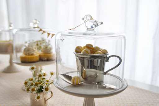 Baby Shower: Sterling silver baby cup (Reed & Barton) filled with striped candy (nycake.com) featured in bird dome with cupcake stand (Martha Stewart for Macy's, $40) Baby Shower: Sterling silver baby cup (Reed & Barton) filled with striped candy (nycake.com) featured in bird dome with cupcake stand (Martha Stewart for Macy's, $40)