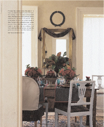 Princess Mary tartans covers the seats or is sewn into skirted and piped cotton slipcovers for a dining room's wooden white-painted chairs.