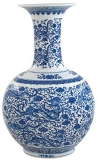 tall blue and white dragon vase