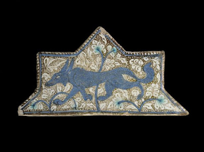 Tile | Origin:  Iran | Period: late 13th-early 14th century  Il-Khanid period | Details:  Not Available | Type: Stone-paste painted under colorless glaze | Size: H: 10.5  W: 20.3  cm | Museum Code: F1973.14 | Photograph and description taken from Freer and the Sackler (Smithsonian) Museums.