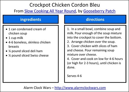 crockpot chicken cordon bleu recipe card