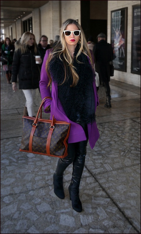 w purple coat leather skinny pants black lamb fur vest white ray-bans louis vuitton bag ol