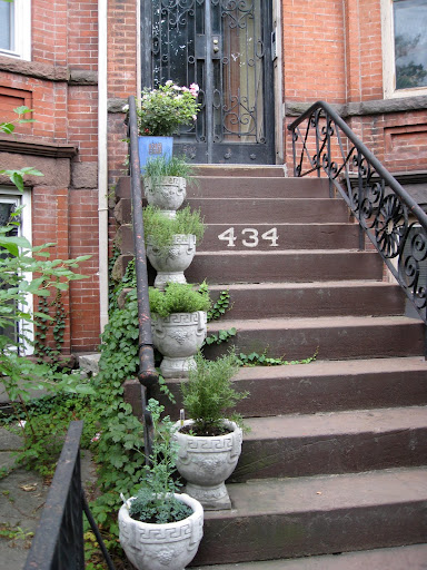 The stoop planting is an easy way to display plants (staggered heights are a given!). Even people whose front yards have been paved can line their stoop stairs with plants. These containers are obviously lovely...