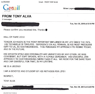 This is an e-mail with regards to Torger Johnson by Tony Alva to me to read at the Hall Of Fame inductions of Torger in 2009.