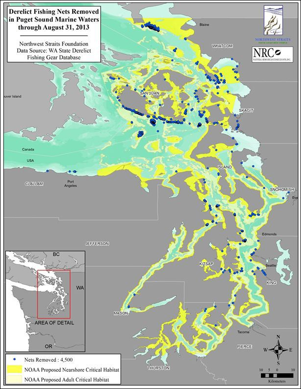Derelict fishing nets removed from Puget Sound Marine waters through 31 August 2013. Graphic: Northwest Straits Foundation